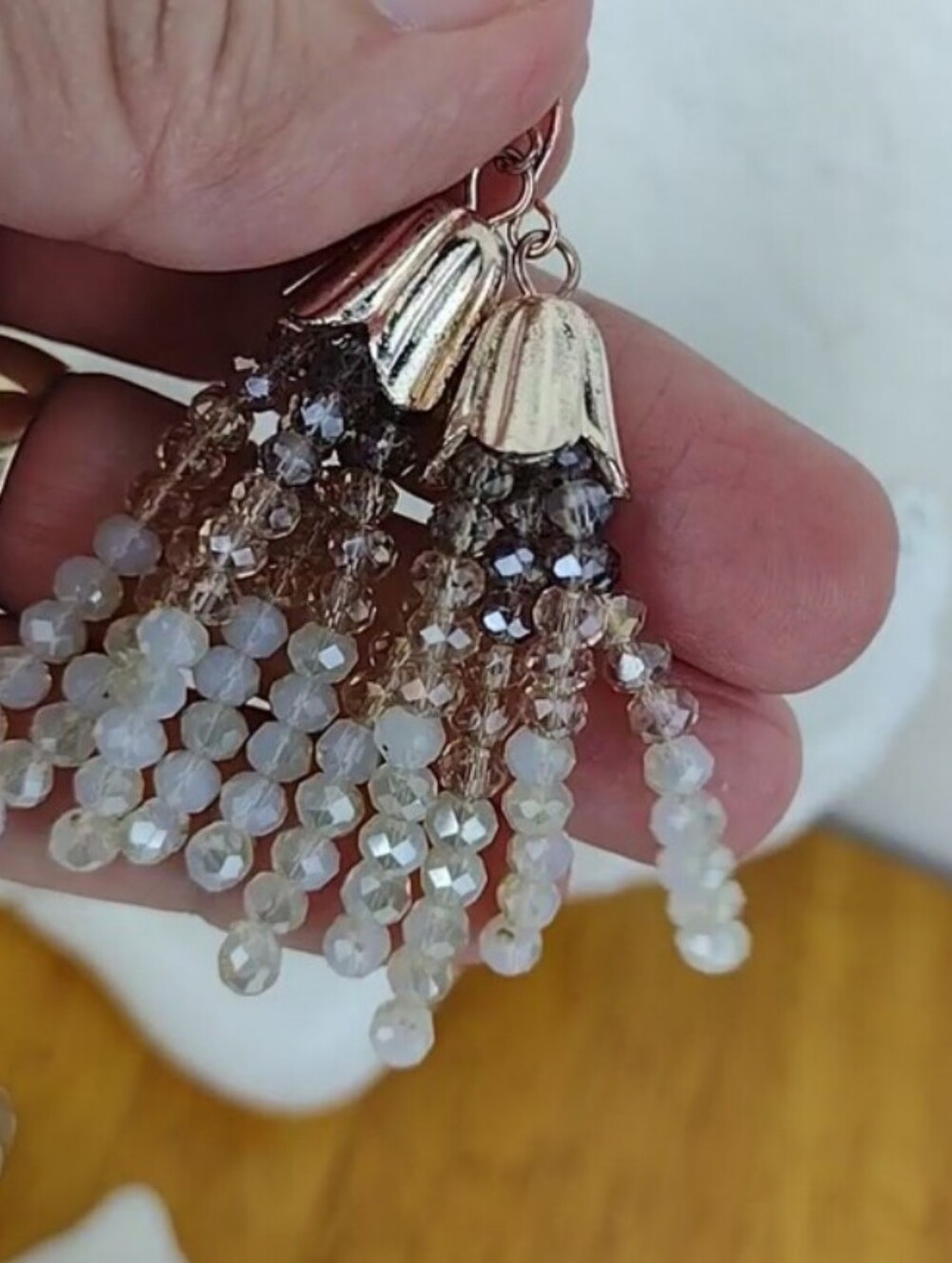 White Beige & Taupe Sparkly Bead Fringe Gold Tone Gorgeous Earrings